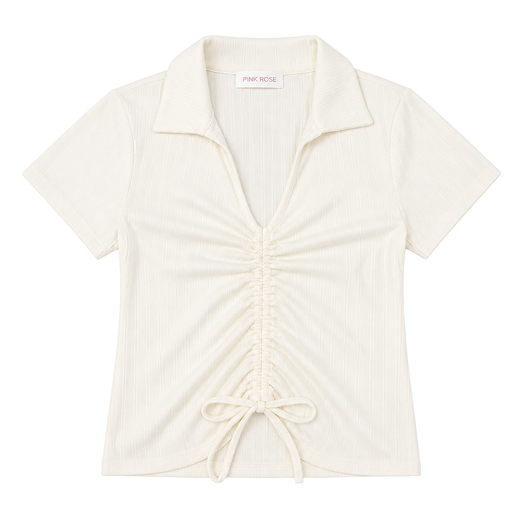 Pink Rose Junior Ruched Front Collared Ribbed Short Sleeve Crop Top - Winter White 1