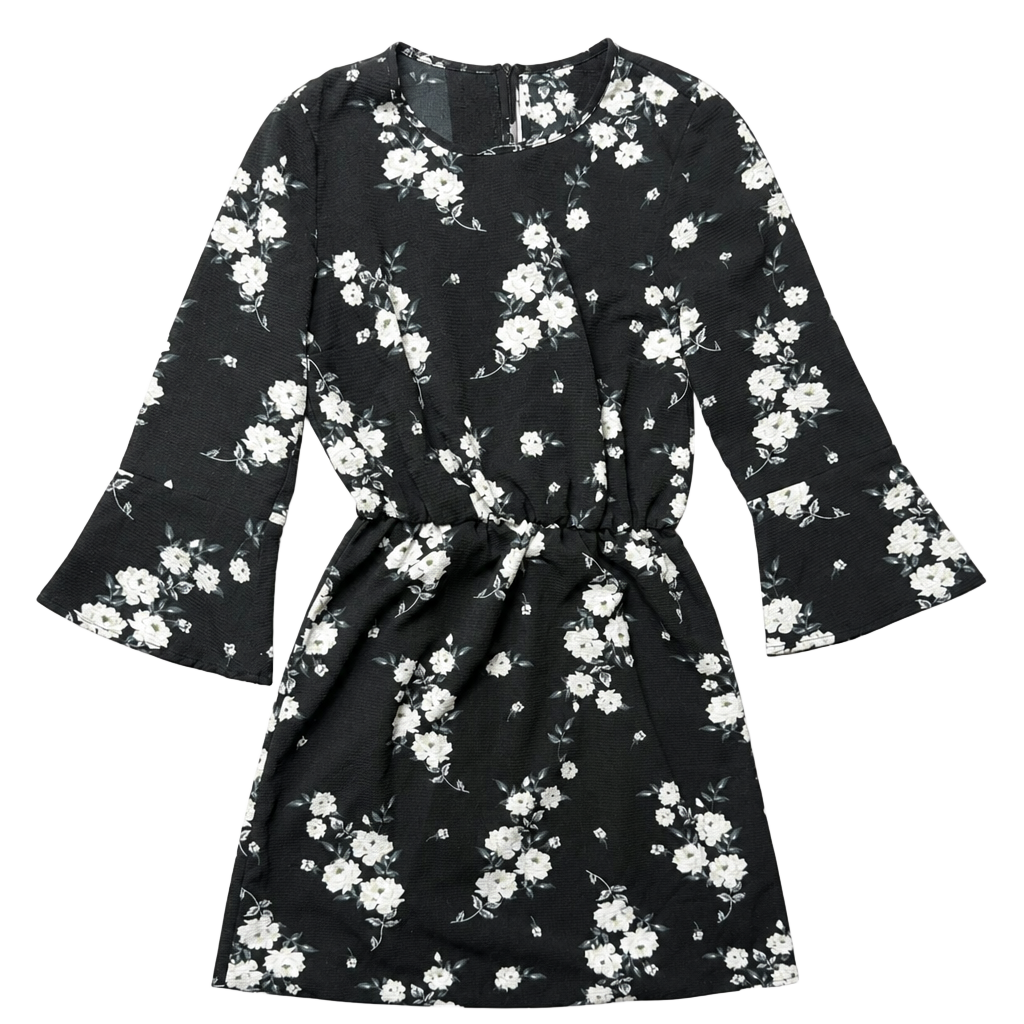 H&M Divided Black Floral Crêpe Mini Dress with Bell Sleeves Size 2 1