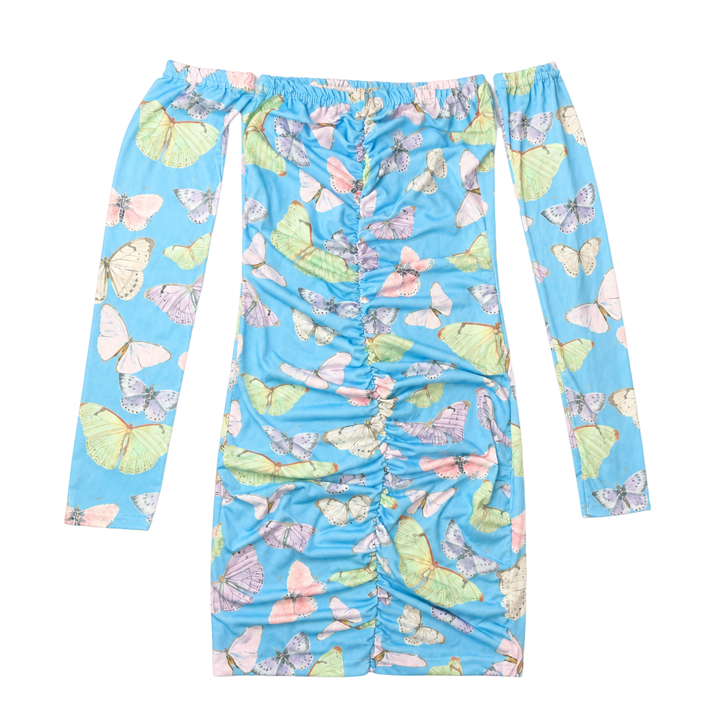 PrettyLittleThing Blue Butterfly Print Ruched Off The Shoulder Long Sleeve Mini Dress 1