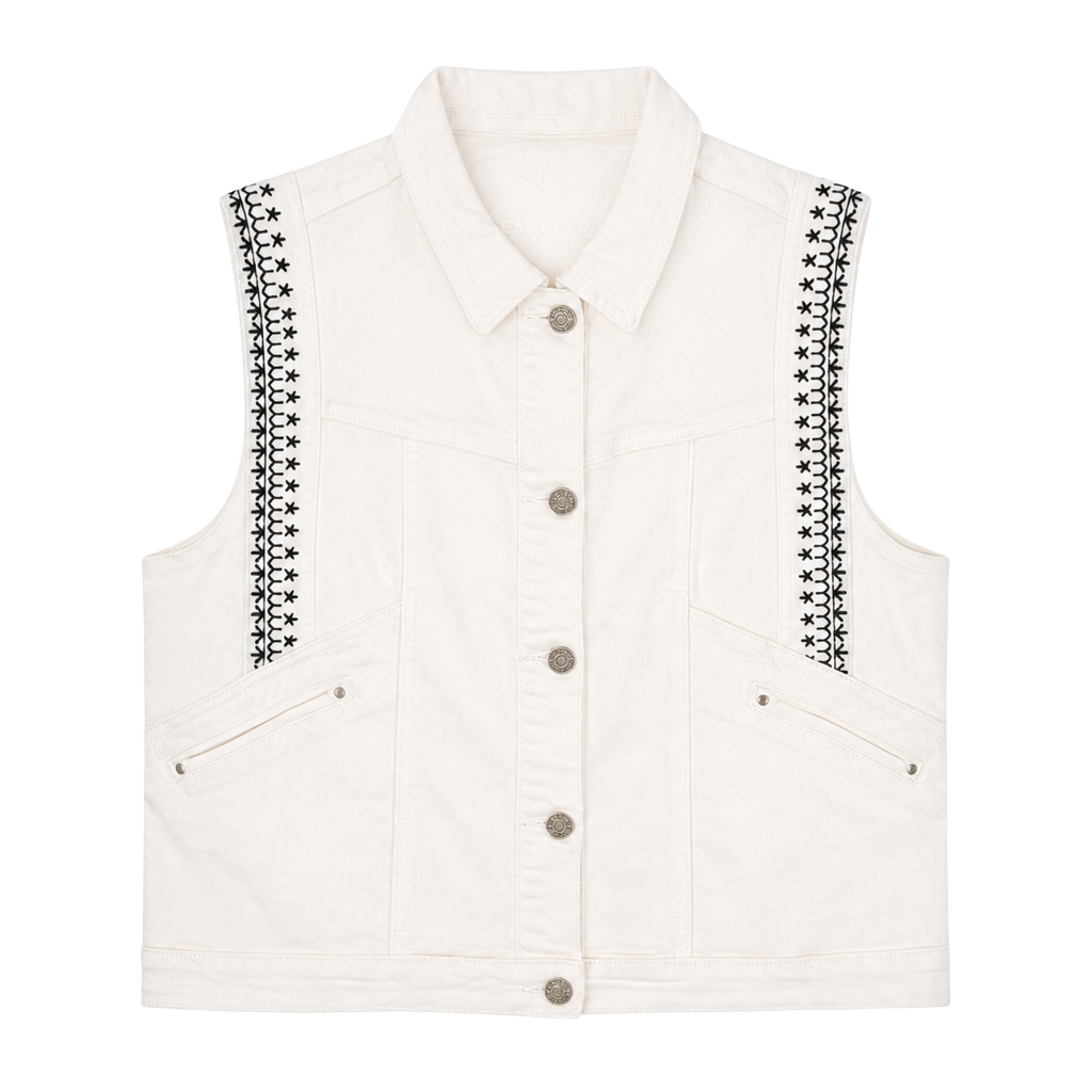 Esqualo Off-White Embroidered Denim Vest, Coastal Cowgirl, Boho Festival Ready 1