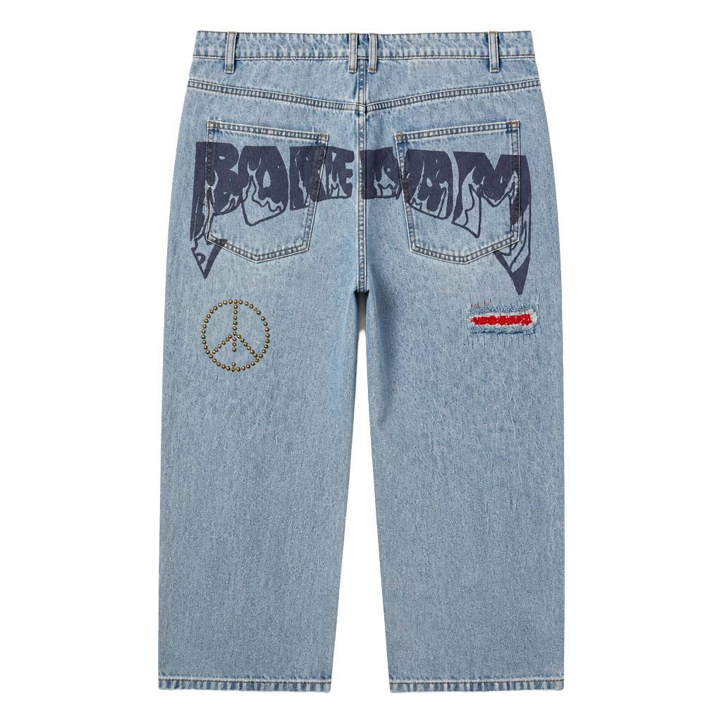 Boredom Kills Scribble Wide, Baggy Denim. Y2K, Streetwear, Grunge punk, Skater. 1