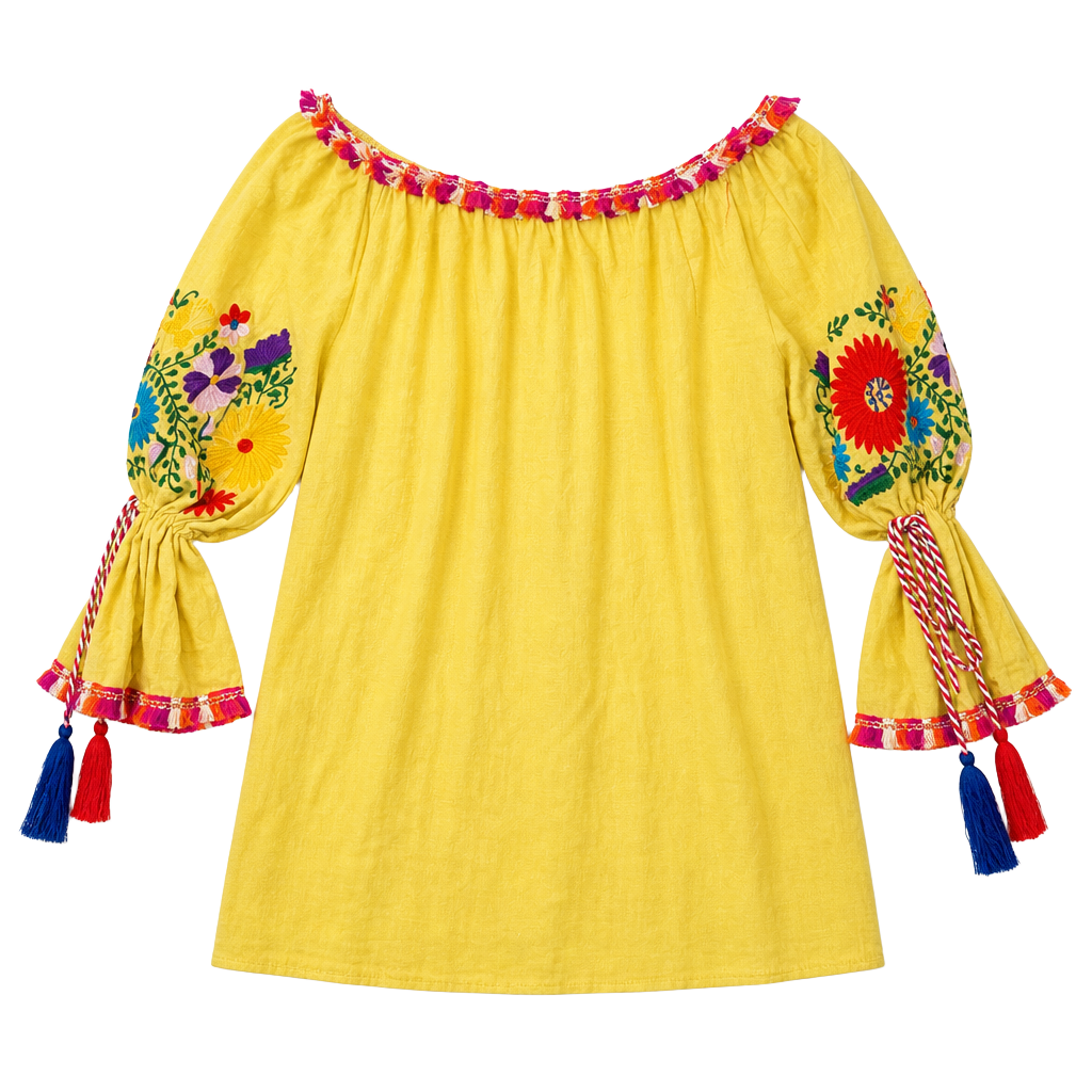 Velzera Yellow Cotton Embroidered Off-Shoulder Tassel Mini Dress, Bohemian Festival Ready 1