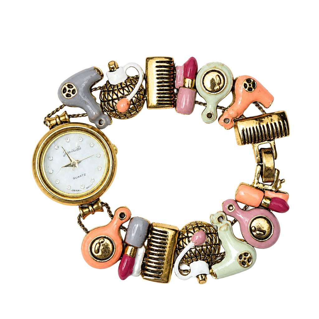 Jennie B Makeover Charm Bracelet Watch with Hairdressing and Beauty Motif 1