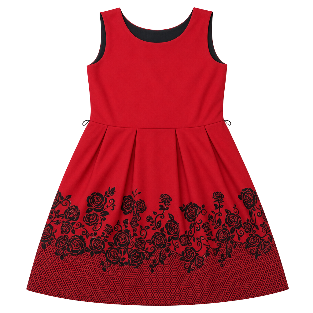 Knit Works Girls Red Pleated Party Dress with Black Floral Print, Size 16 1/2 1