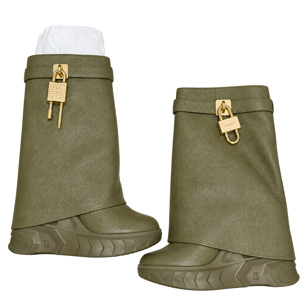 Givenchy Shark Lock Leather Boots Green 1