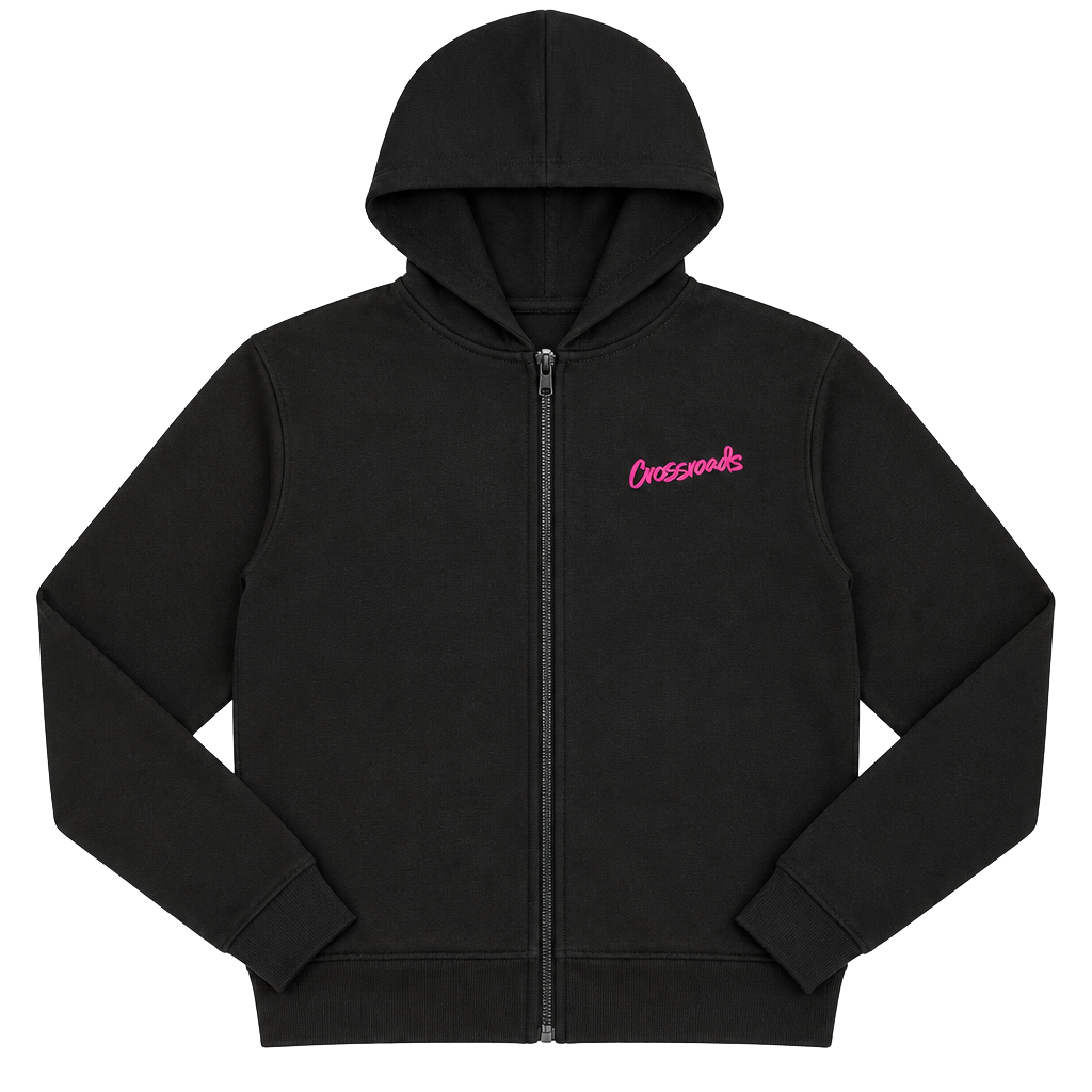 Crossroads Zip Up Hoodie Size Small Black Pink Script Logo 1
