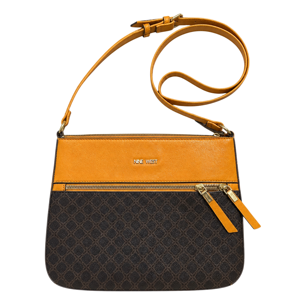 Nine West Brown Monogram and Mustard Yellow Crossbody Bag 1