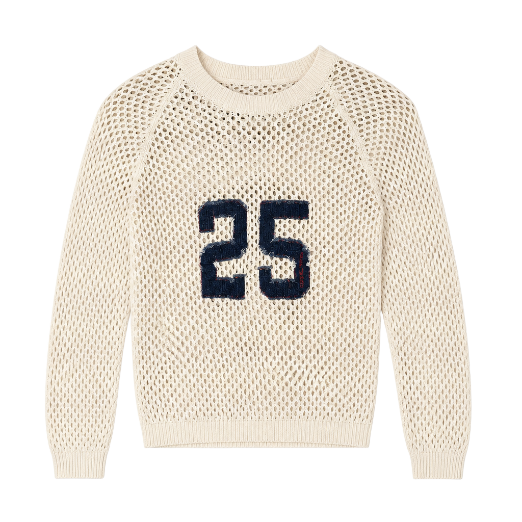 DKNY Jeans Cream Open Knit Mesh Sweater With Number 25 Distressed Denim Applique 1