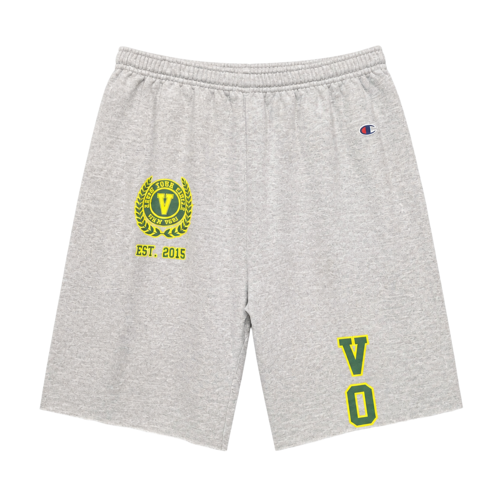 Champion Gray Sweat Shorts with Custom Green and Yellow Lettering and Raw Hem 1