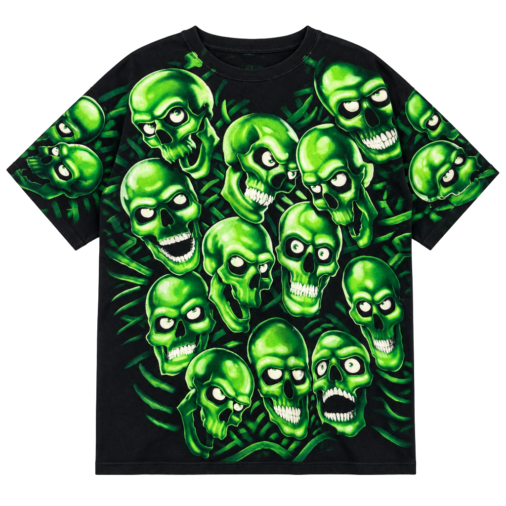 Vintage Liquid Blue Green Skulls All Over Print T-Shirt 1
