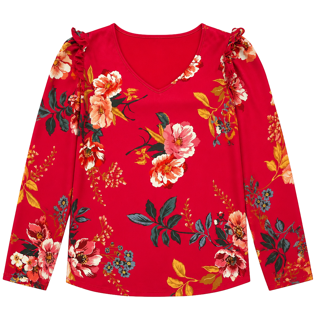 LOFT Floral V-Neck Blouse - Red and Green 1