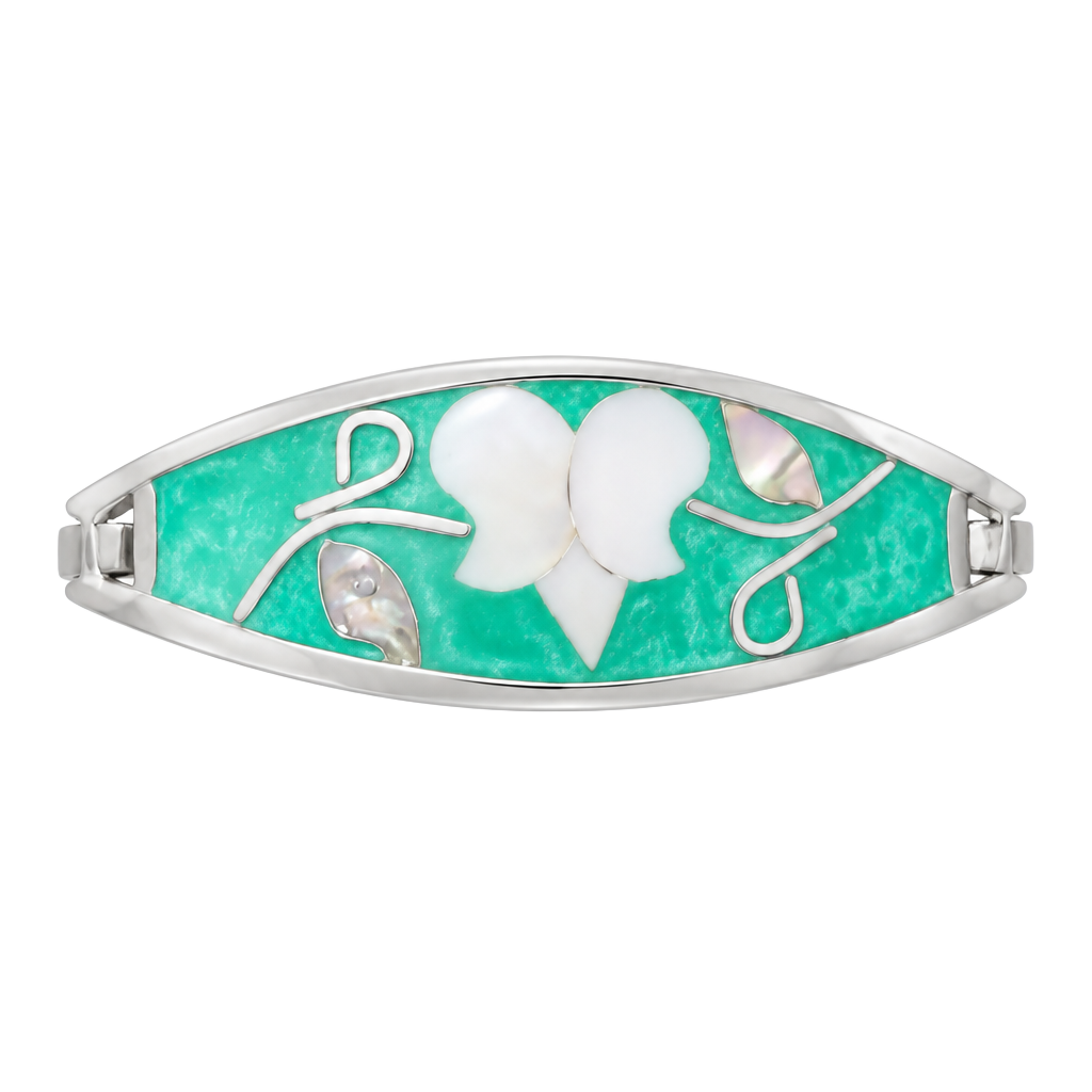 Alpaca Mexico Enamel & Abalone Shell Cuff Bracelet Green Silver 1