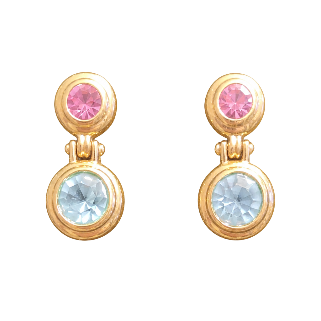 Vintage Gold Tone Pink and Blue Crystal Drop Earrings 1