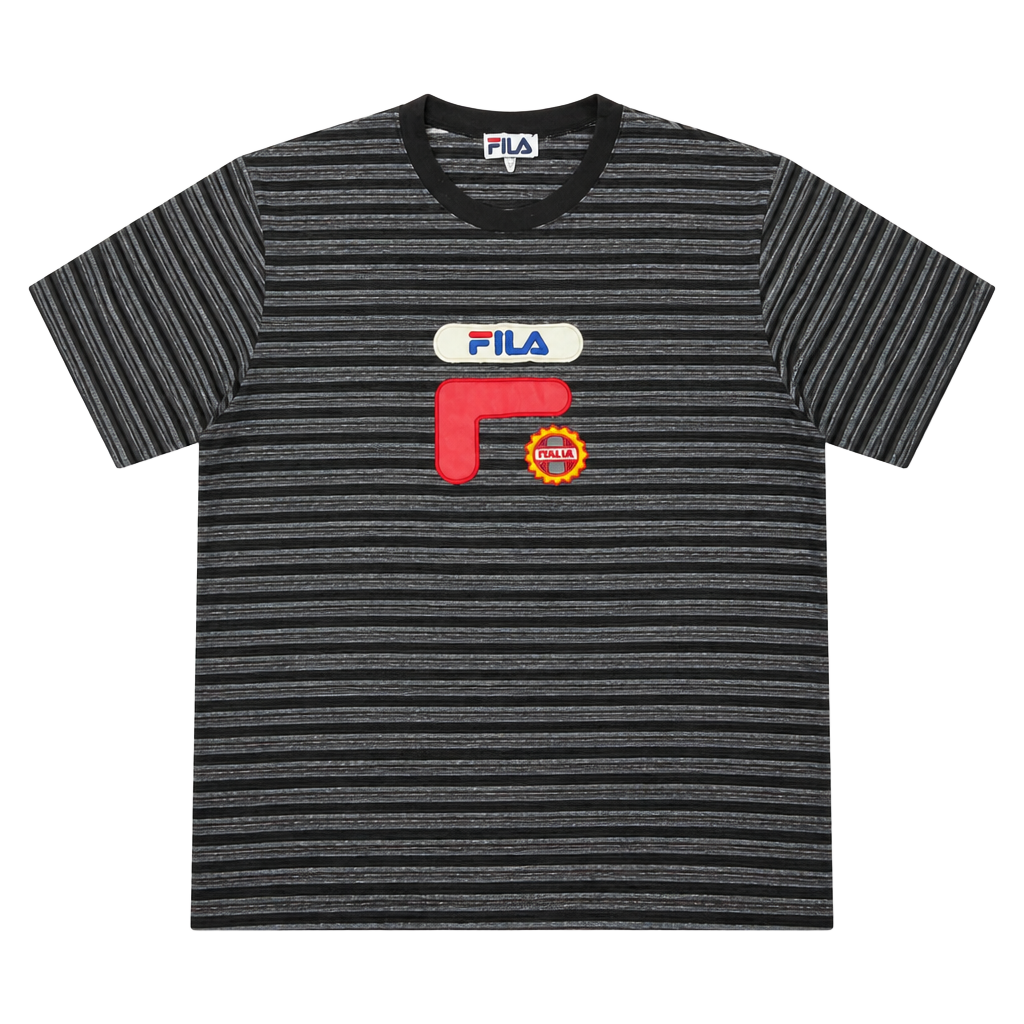 Vintage 90s FILA Vertical Stripe T-Shirt with Big Logo Patch Made in USA XL 1