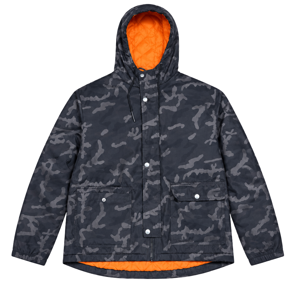 Fashion Nova Men Camouflage Hooded Jacket Size L Quilted Orange Lining 1