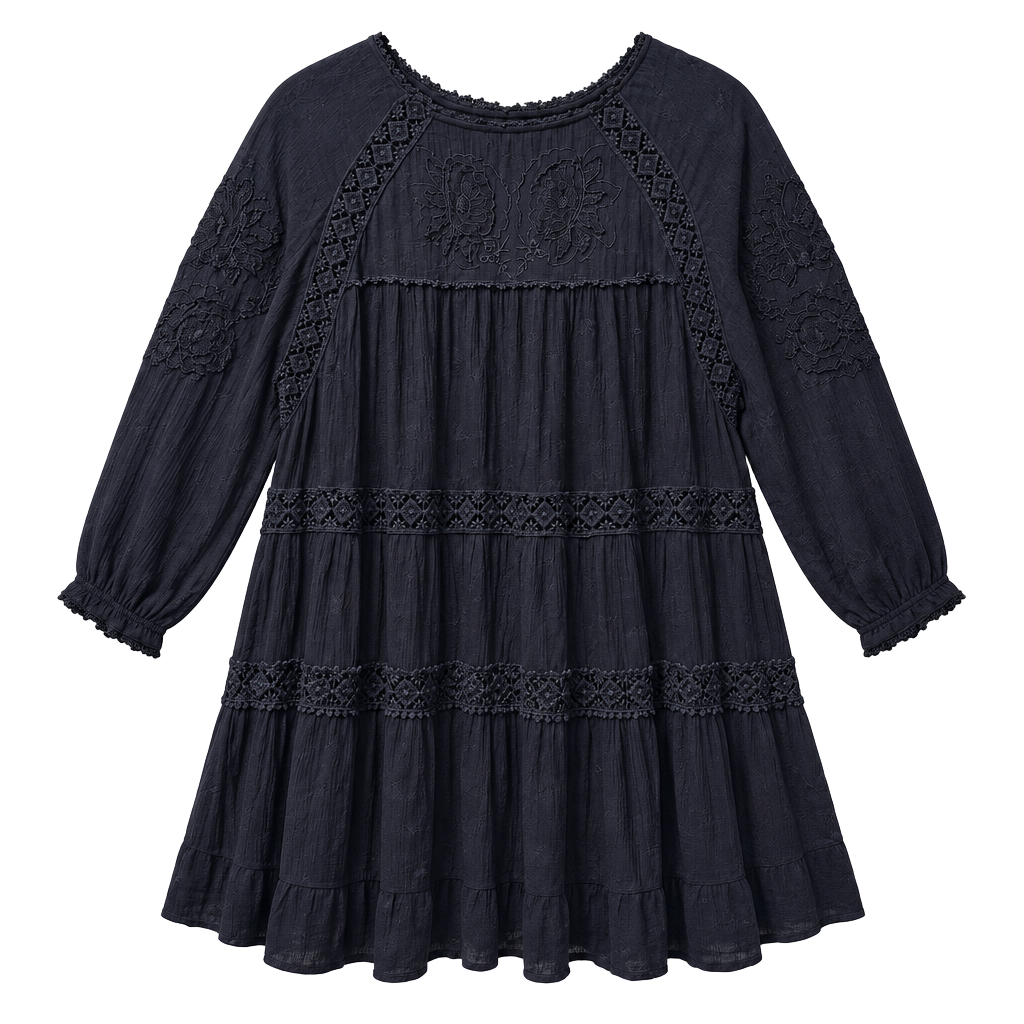 Free People Black Embroidered Long Sleeve Mini Dress 1