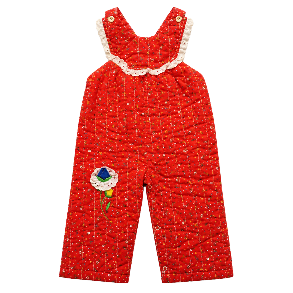 Vintage Tiny Tots Quilted Red Floral Tulip Bib Overalls Baby Size 18M 1