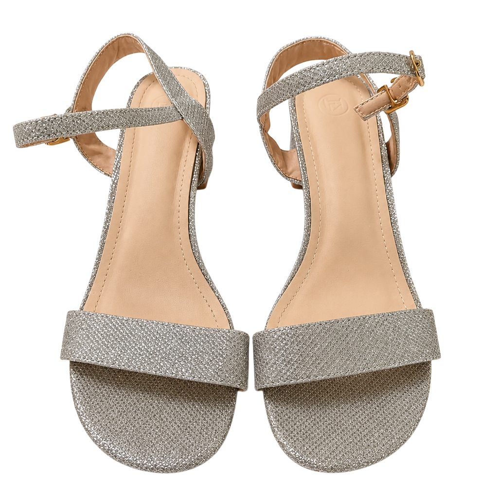 Silver Glitter Ankle Strap Block Heel Sandals, Size 42, USA 10.5 1