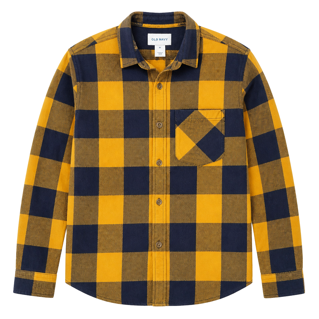Old Navy Regular Fit Yellow & Navy Buffalo Plaid Flannel Shirt, Size M 1