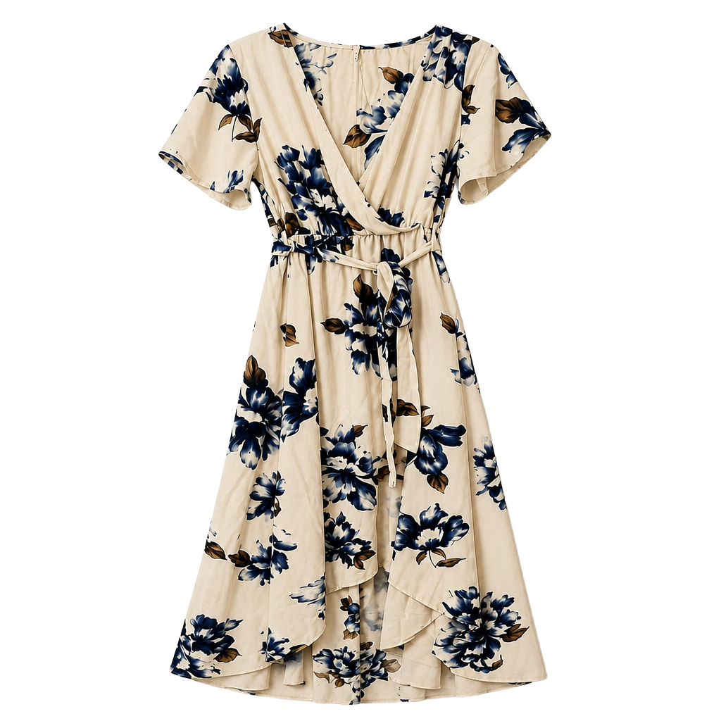 Vici Floral High-Low Wrap Dress Short Sleeve Cream and Blue 1