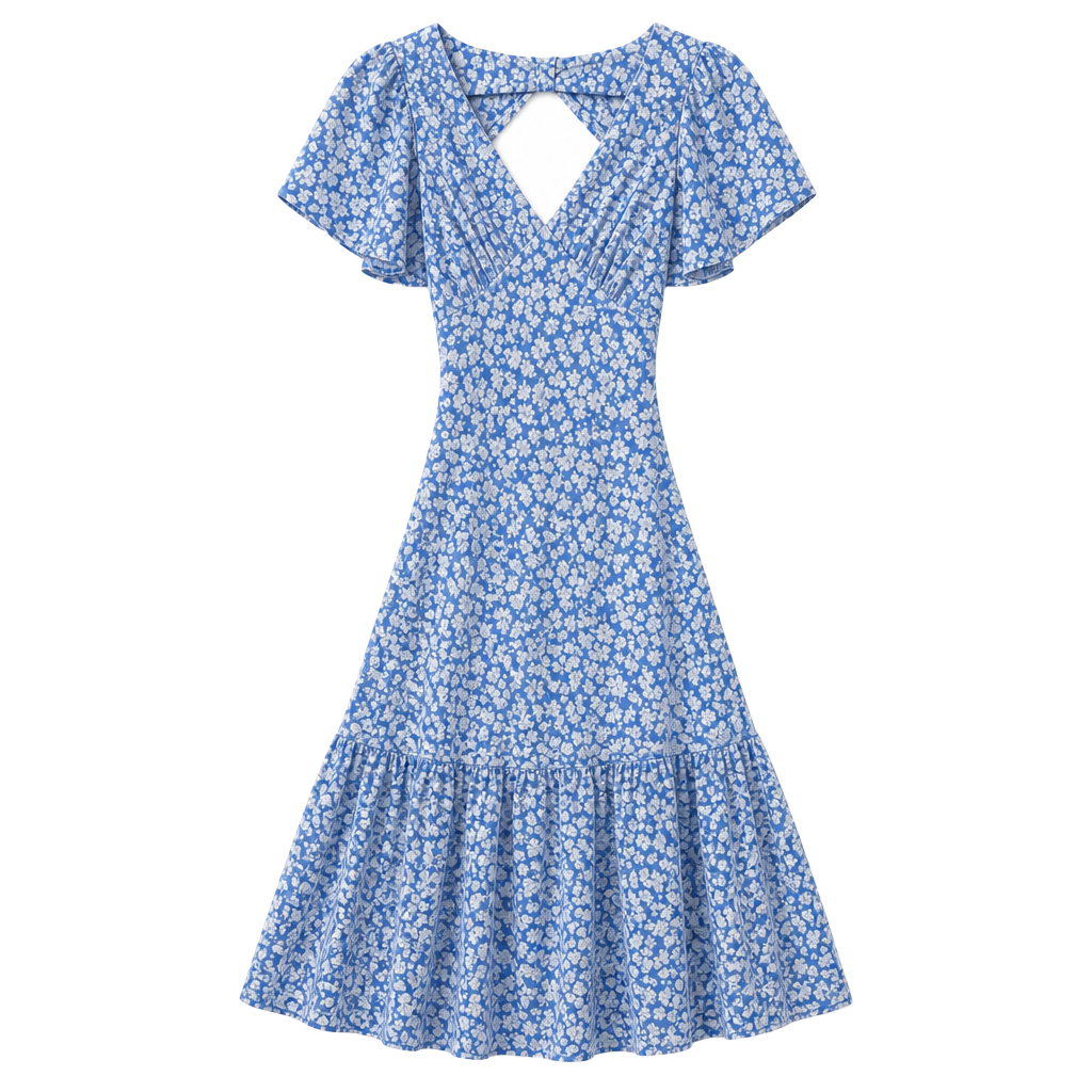 Altar'd State Bella Rosa Blue Ivory Floral Flutter Sleeve Midi Dress XS 1