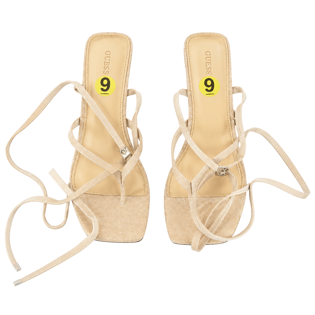 GUESS Neutral Beige Lace-Up Squareop-Toe Heeled Sandals 1