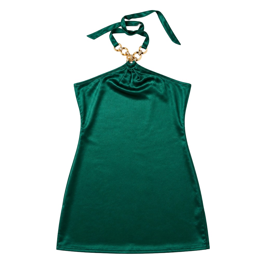 Yodnbu Emerald Green Satin Halter Mini Dress with Tortoise Ring Detail. 1