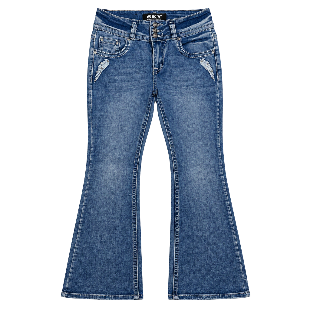 Sky Flare Jeans Embellished Pockets Blue Wash 1