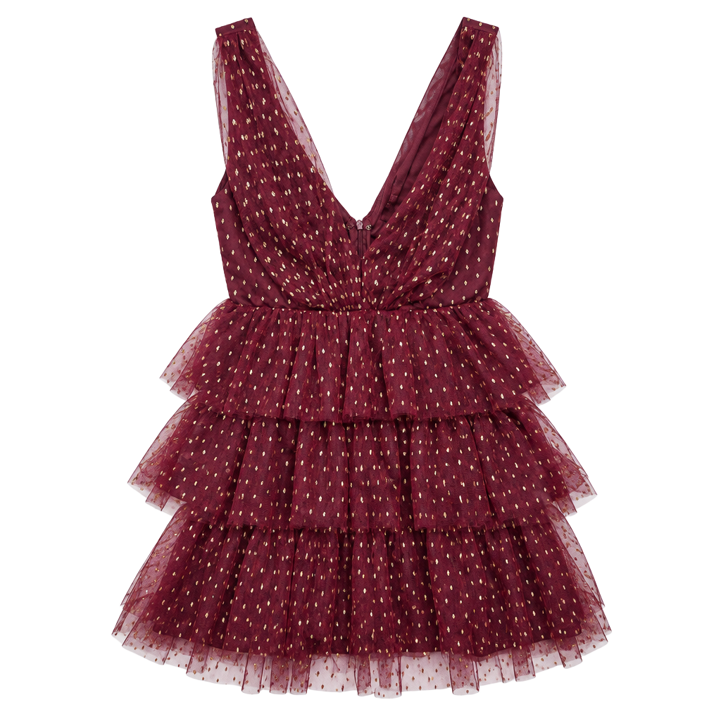 Lulus Tiered Tulle Dress Size S Burgundy Gold Dot Mini Dress 1