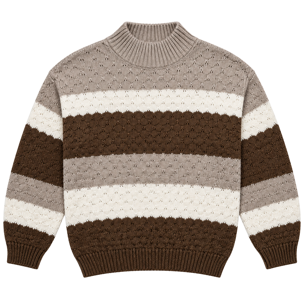 MINE Sweater Size L Brown Beige Striped Mock Neck Knit Pullover 1