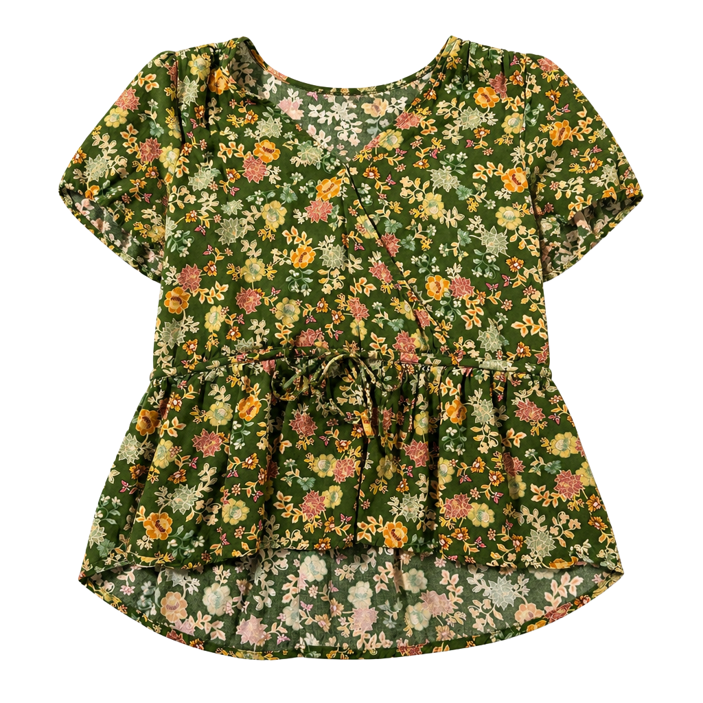 LOFT Green Floral Faux Wrap Peplum Blouse with Tie Waist Size S 1