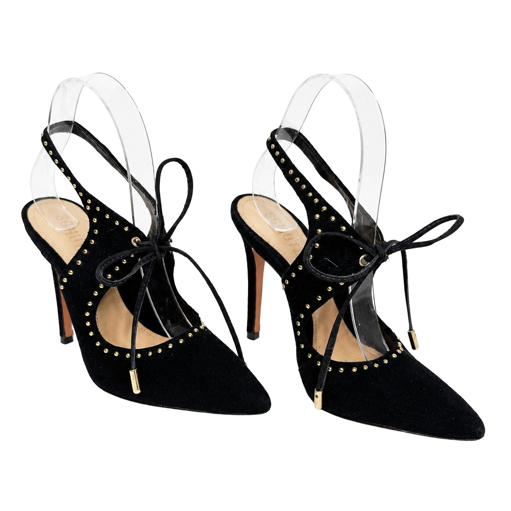 Schutz Black Suede Studded Tie Heels Size 6B 1