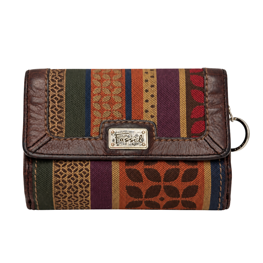 Fossil Multicolor Striped Canvas Trifold Wallet With Brown Leather 1
