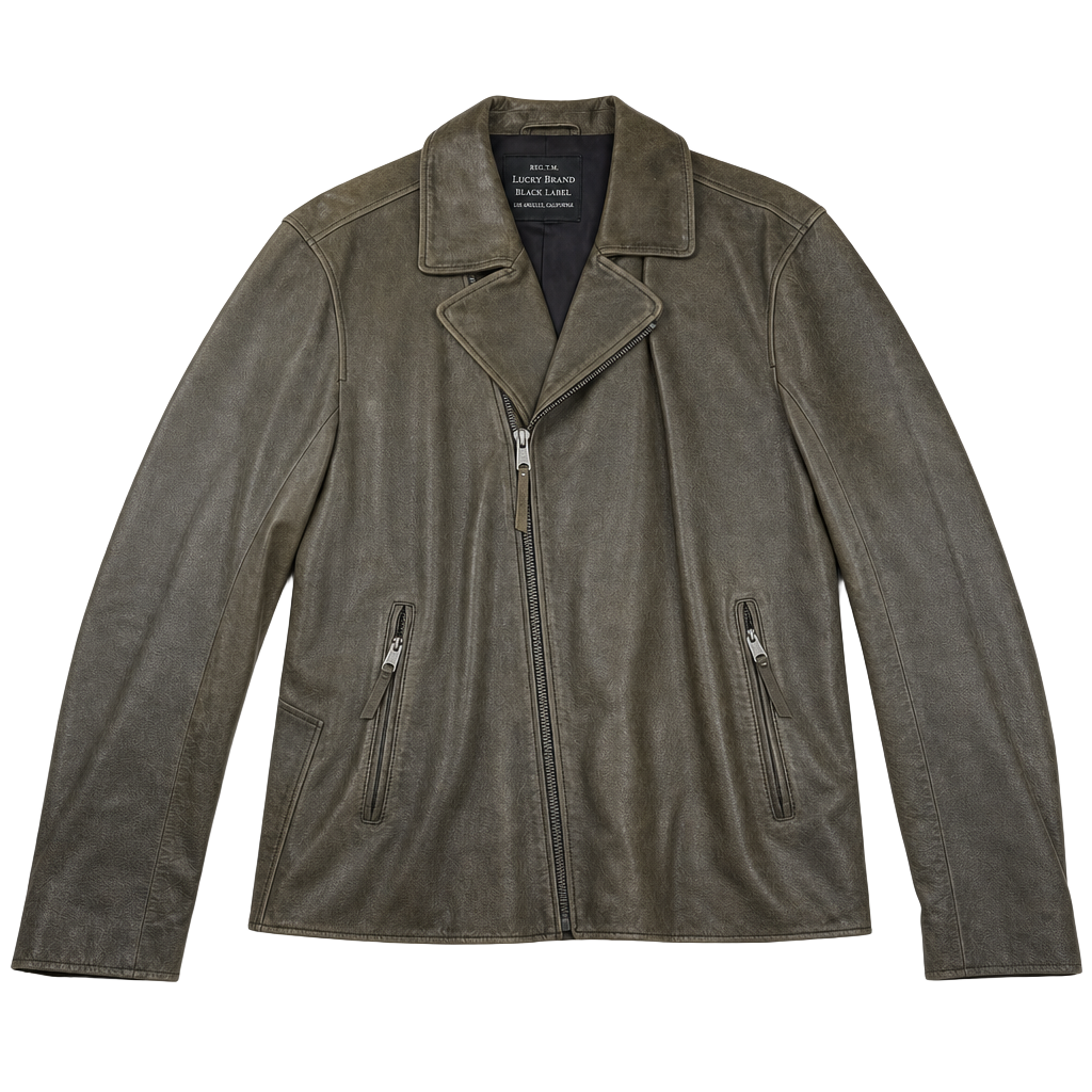 Lucky Brand Black Label Leather Moto Jacket Olive Distressed XL Cow Leather 1