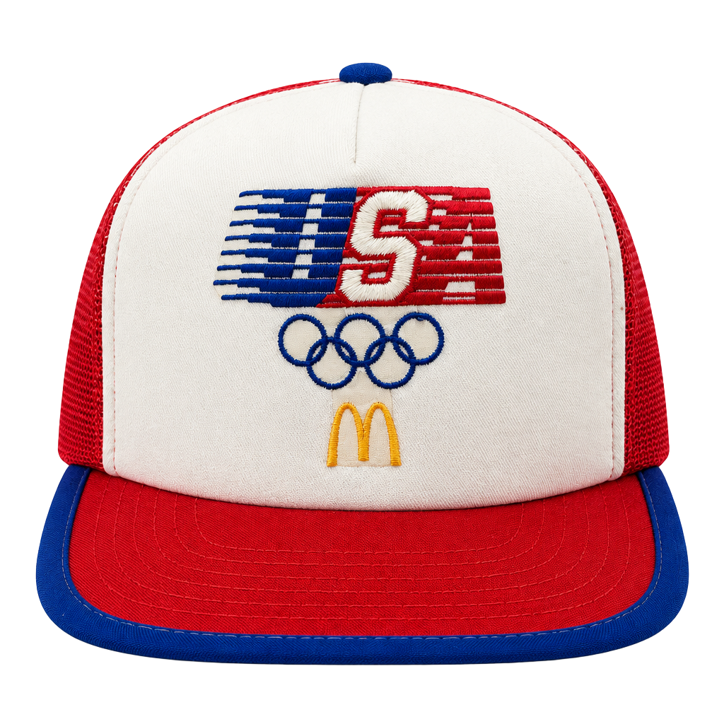 Vintage 1984 McDonalds USA Olympics Trucker Hat Snapback Red White Blue 1