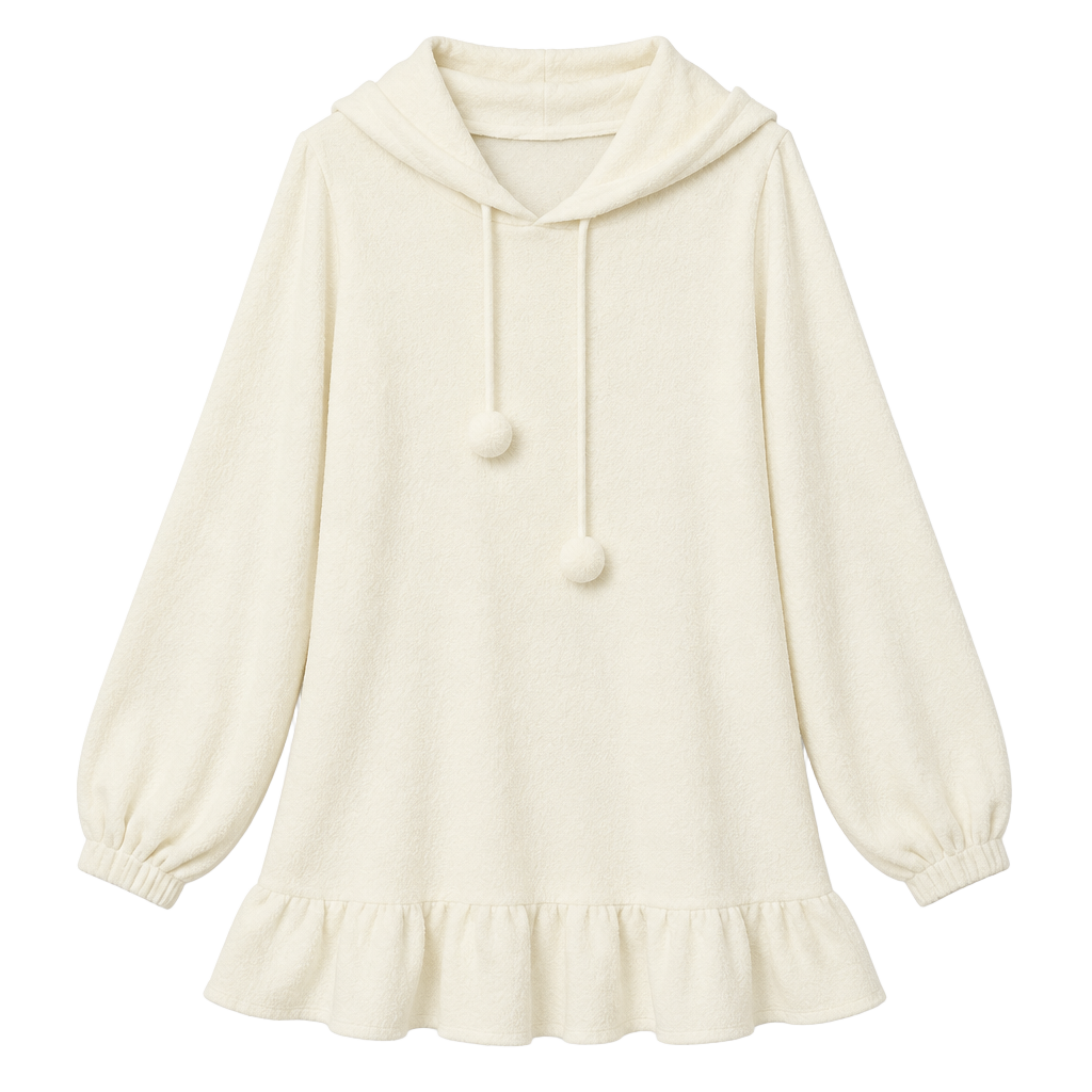 Very J Hoodie Size L White Long Sleeve Pom Pom Sweatshirt Dress 1