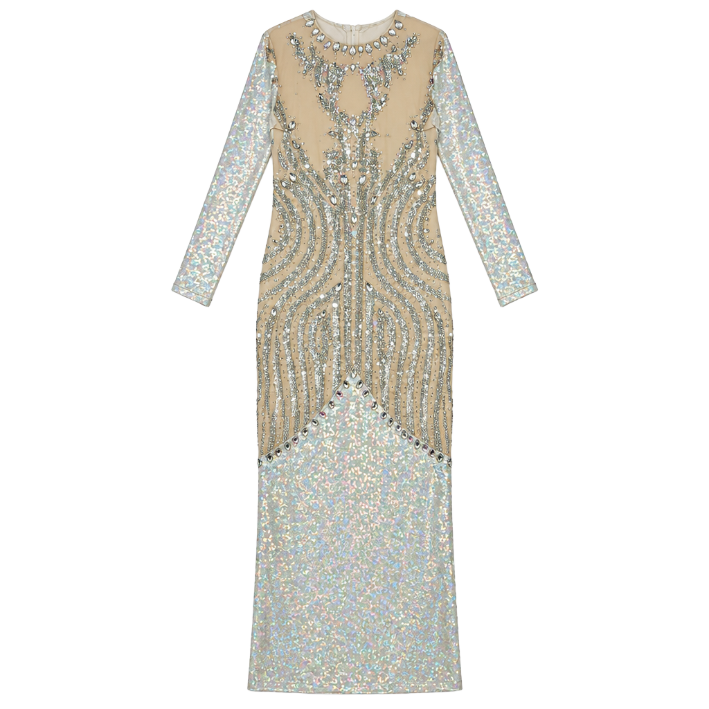 Long Sleeve Rhinestone Embellished Illusion Evening Gown 1