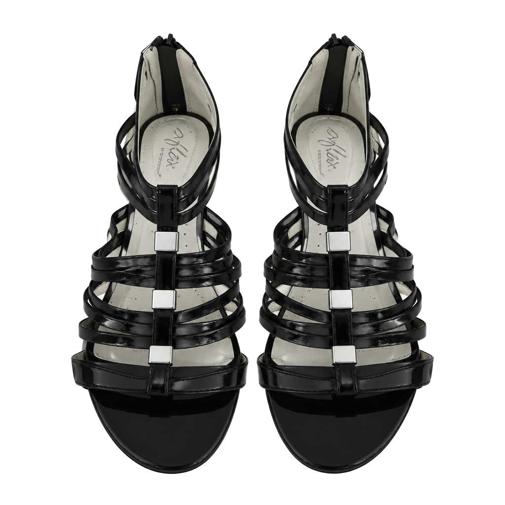 dexflex comfort Sandals Size 12 Black Patent Strappy Wedge 1