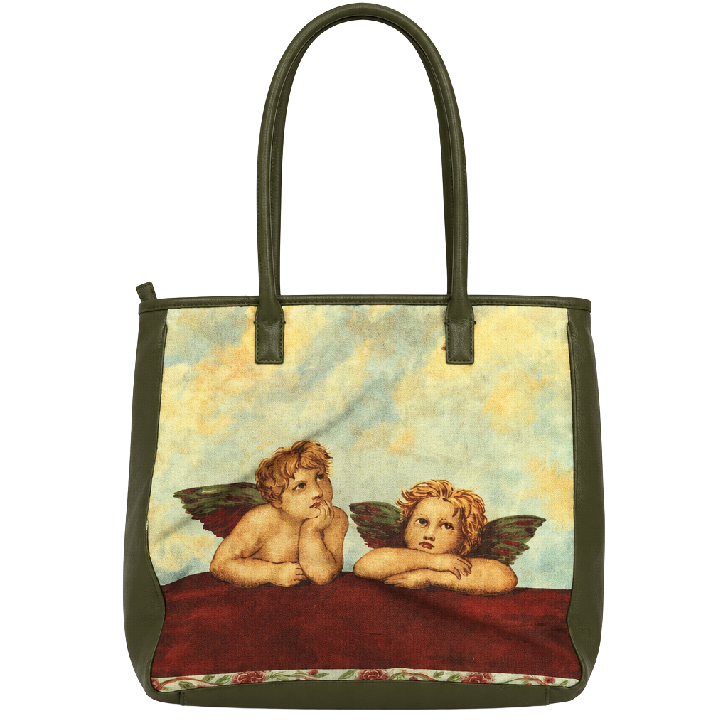 Vintage Raphael Sistine Madonna Cherubs Art Tote Bag Green 1