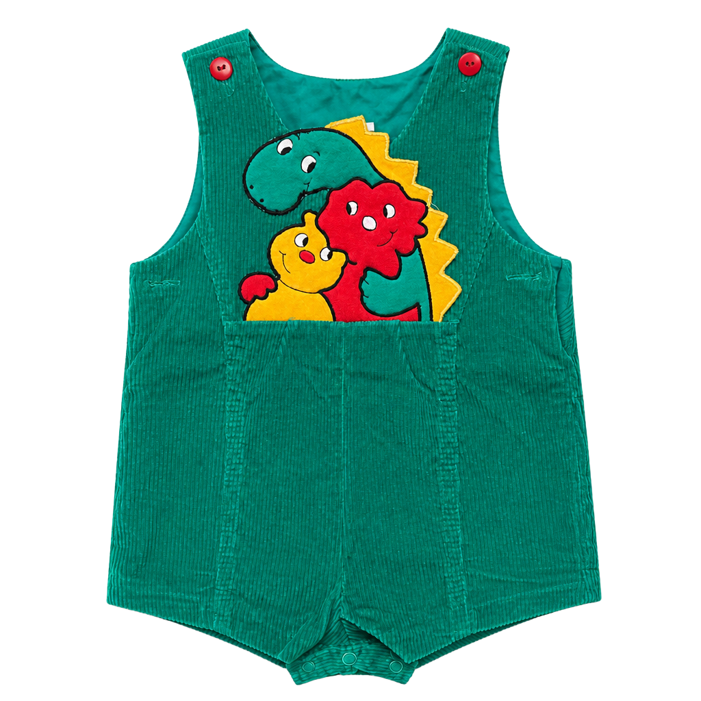 Vintage 70’s Dinosaur Applique Corduroy Romper Green 18 Months 1