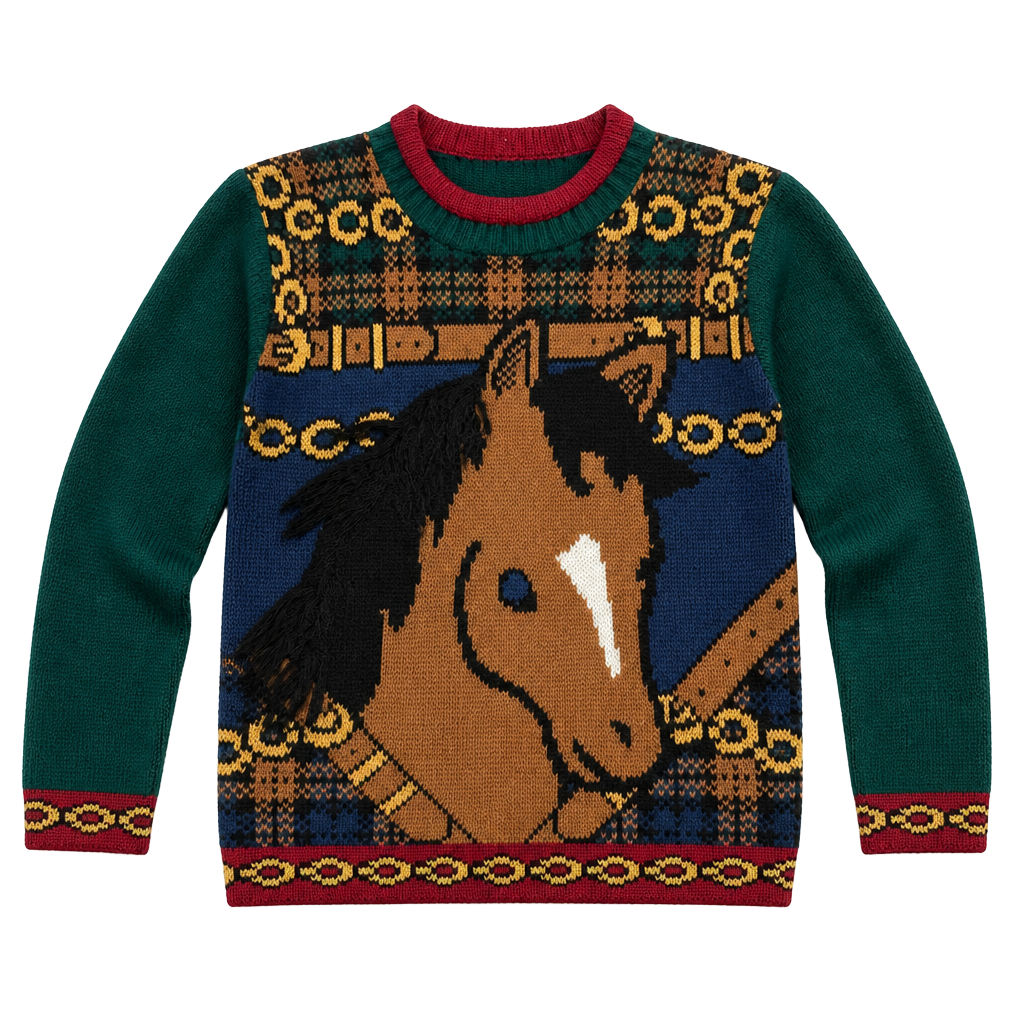 Vintage Heartworks Horse Sweater with 3D Yarn Mane and Plaid Pattern 1