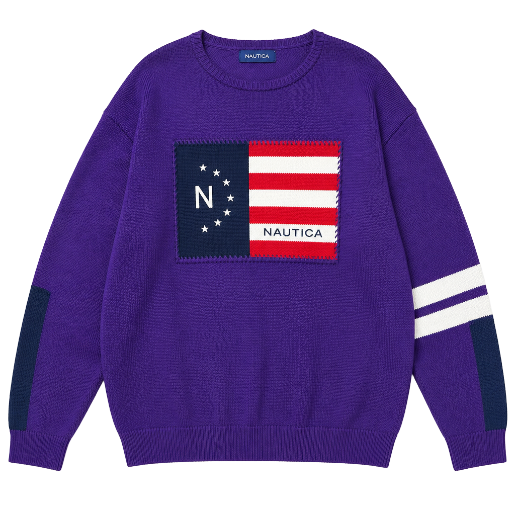 Nautica Flag Intarsia Crew Neck Sweater Size XXL Purple 1