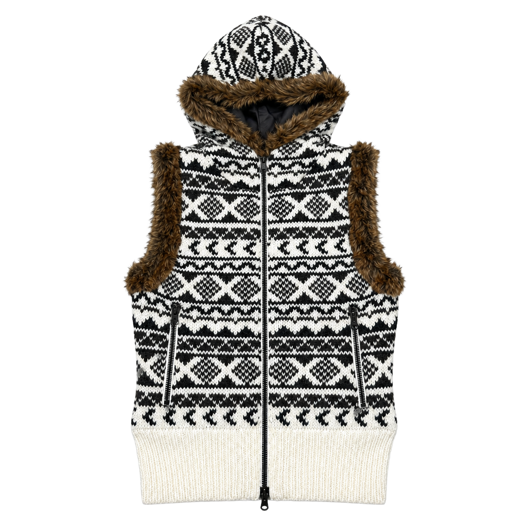 J Davidsson 100% Icelandic Wool Fair Isle Hooded Sweater Vest Faux Fur M 1