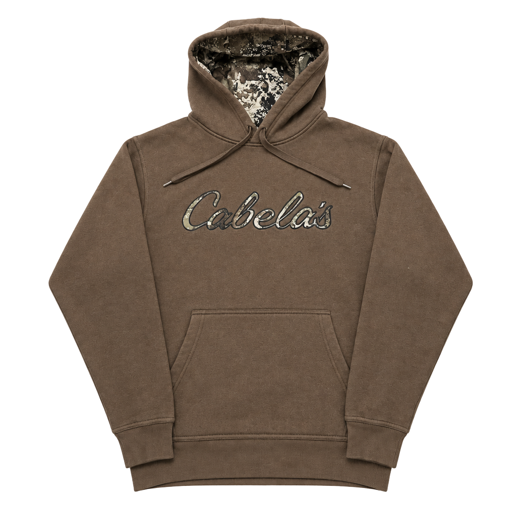 Cabela's Logo Hoodie Size S Reg Brown Camo Hood Sweatshirt 1