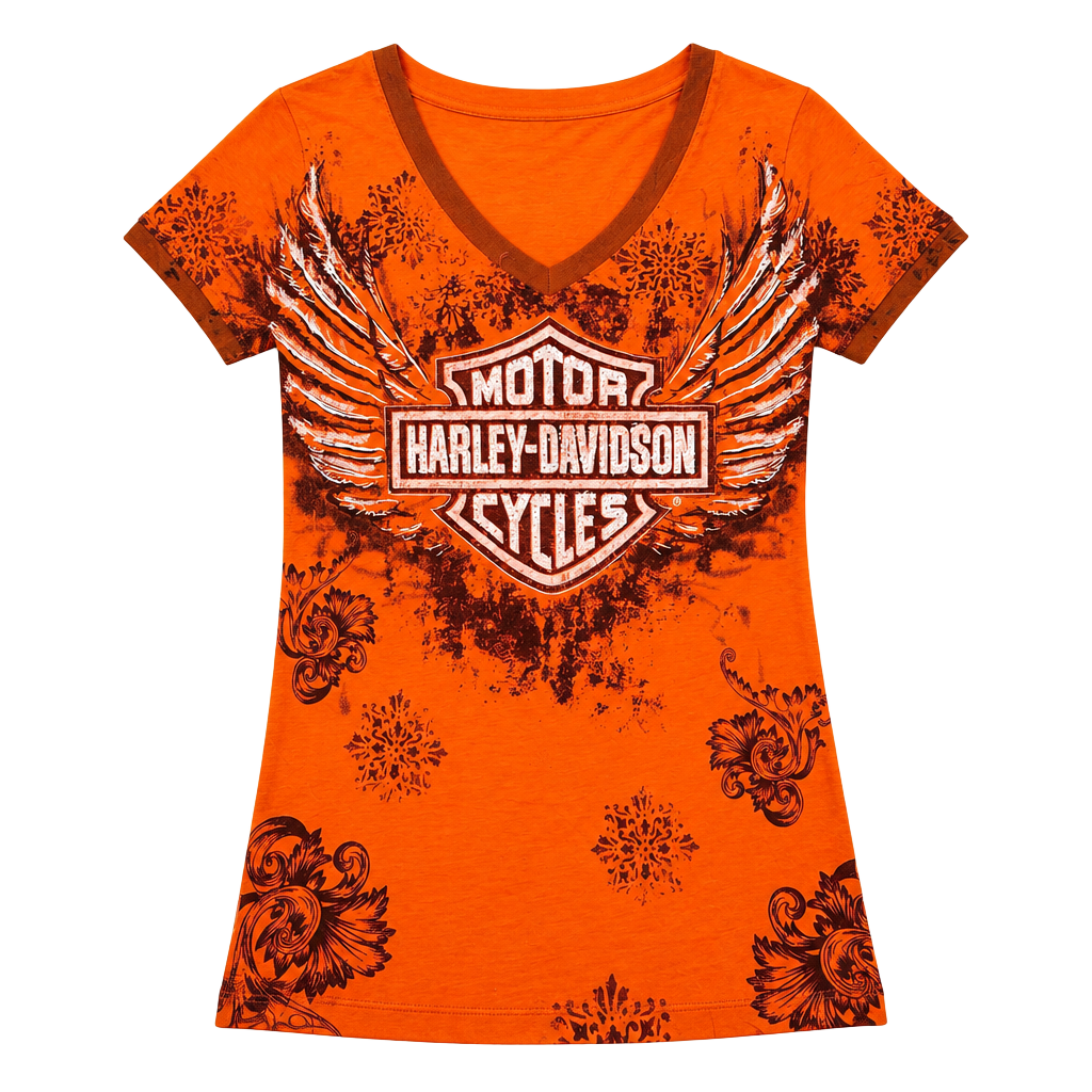 Harley Davidson S Orange V Neck T Shirt Winged Logo Rhinestone Biker Moto 1