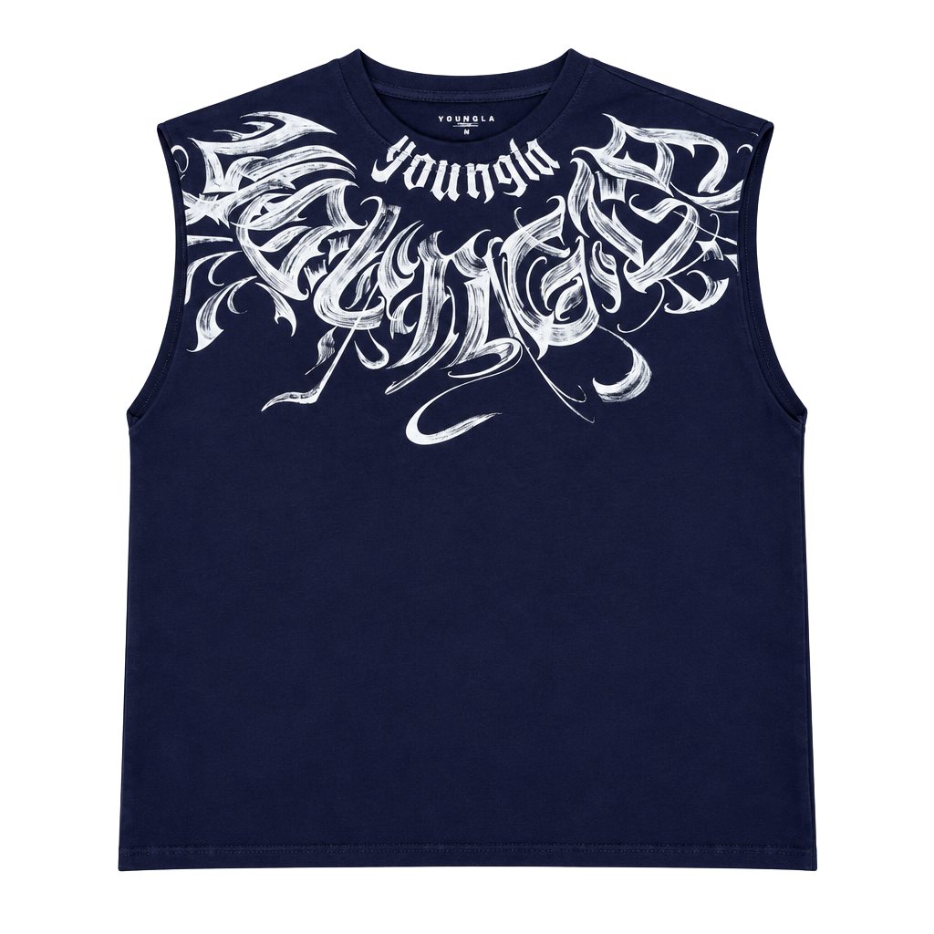 YoungLA 3057 Scripted Cut-Off Tank Purple Navy Wash 1