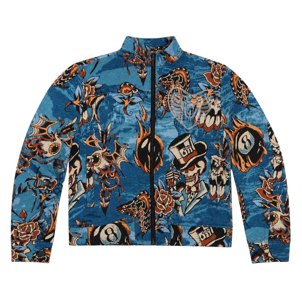 Reason Brand Tattoo Skull and 8-Ball Tapestry Zip Jacket 1