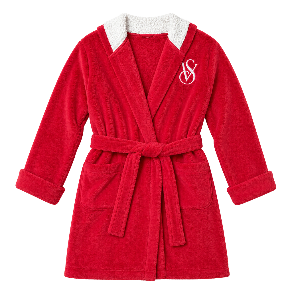 Victoria's Secret VS Logo Plush Sherpa Lined Hooded Robe in Red 1