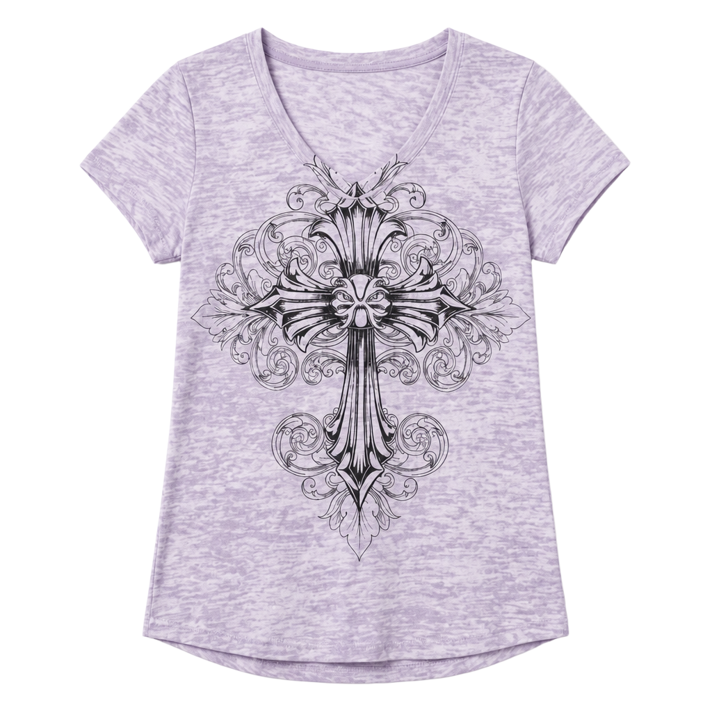 Y2K Lock & Love Cross and Wings Graphic V-Neck T-Shirt Size M Purple 1