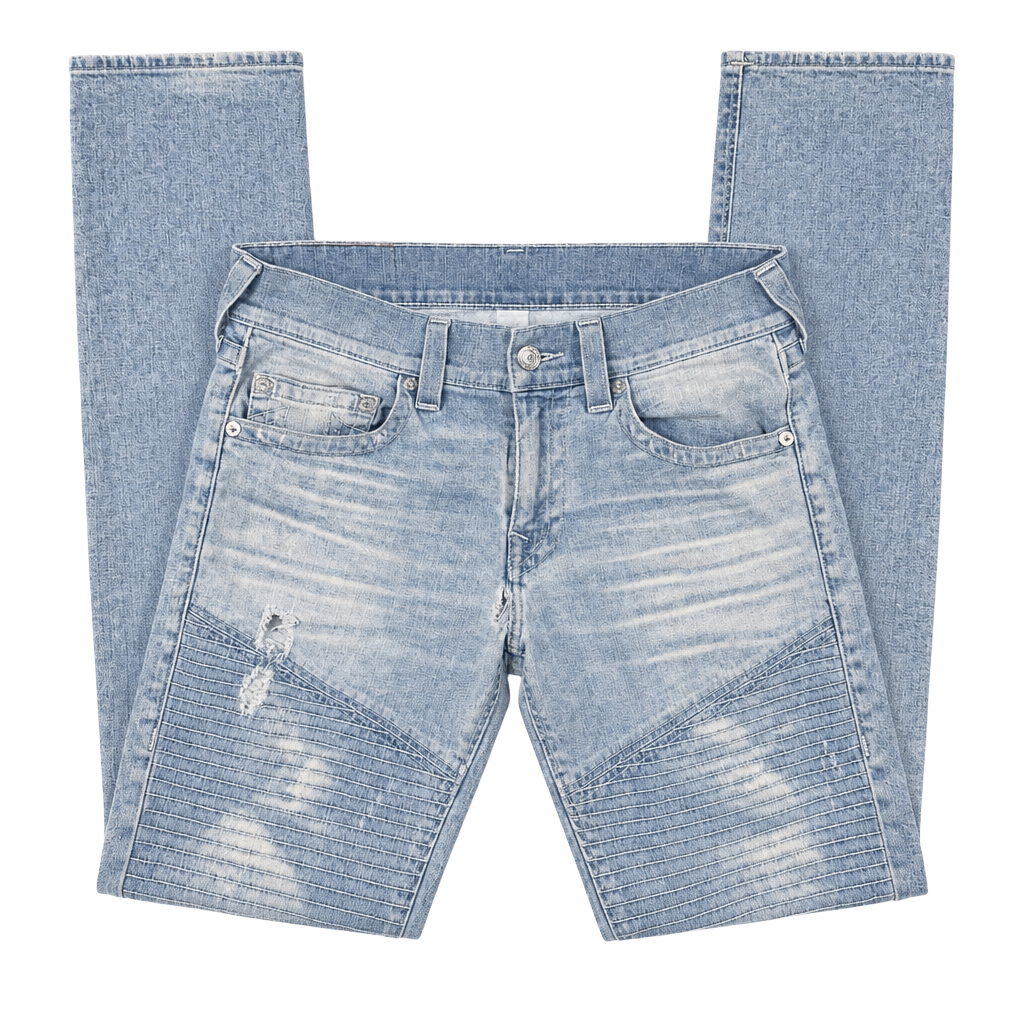 True Religion Moto Jeans Size 31 Light Wash Distressed Biker Denim 1